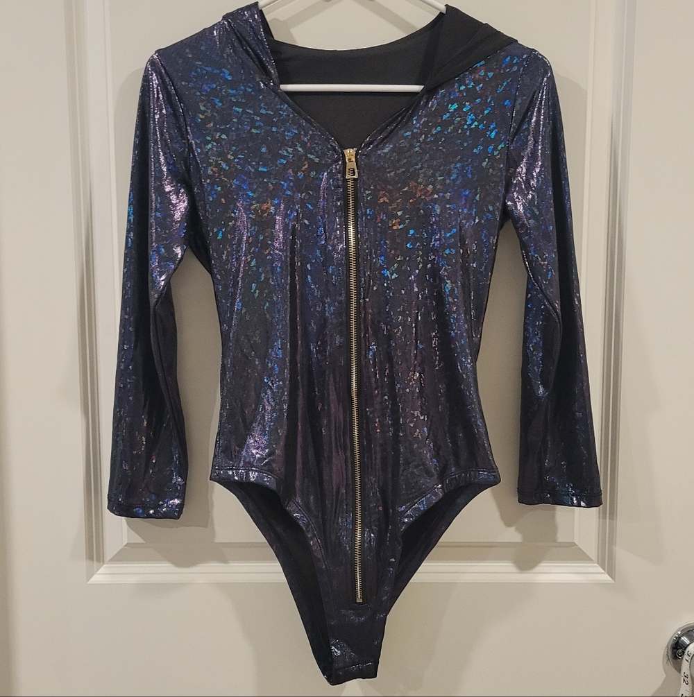 Rave Holographic Metallic Hooded Bodysuit Size Small